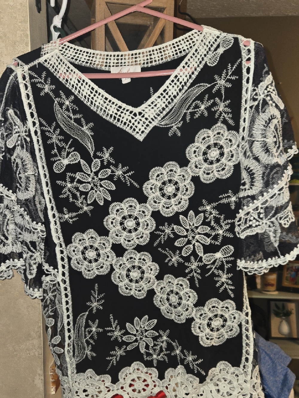 Women's Black Tunic Blouse with White Lace Floral Overlay